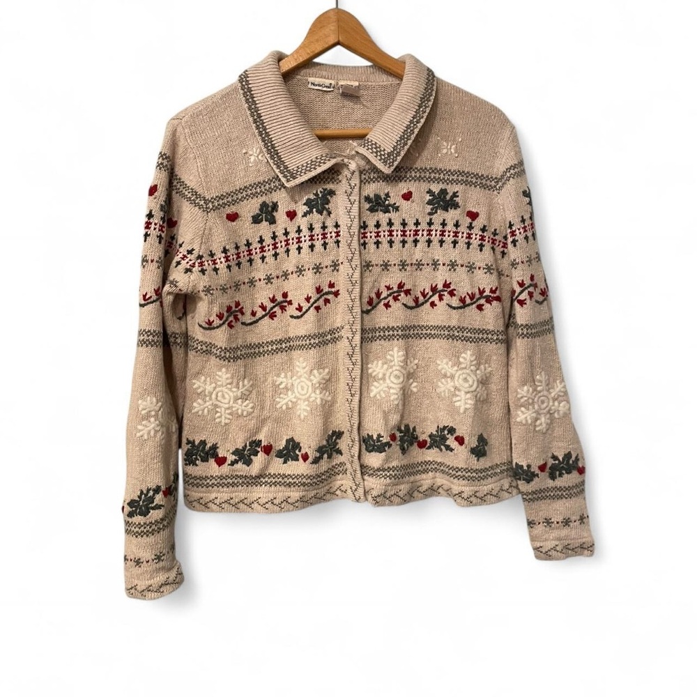 Northcrest Women's L Cream Cardigan Winter Holiday Ramie Snowflake Embroidered